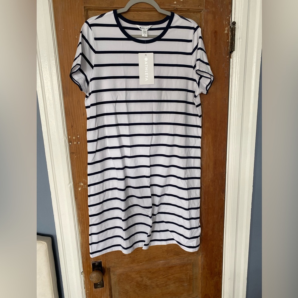 NWT Athleta Women’s Navy and White Striped T Shirt Dress